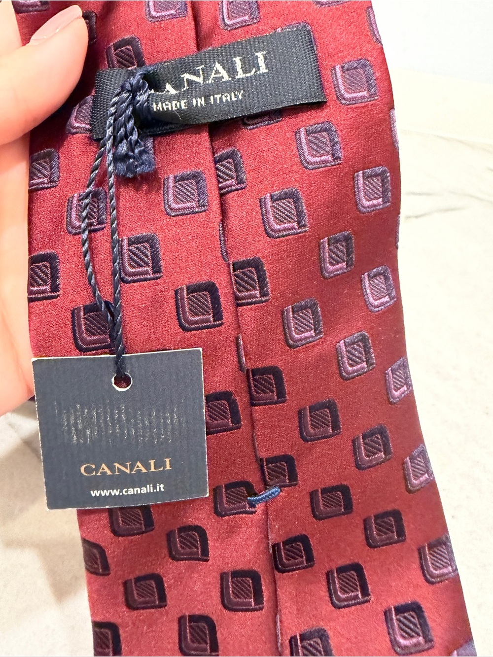 Canali Men's Burgundy Geometric Silk Tie NWT Made in Italy - Picture 7 of 10